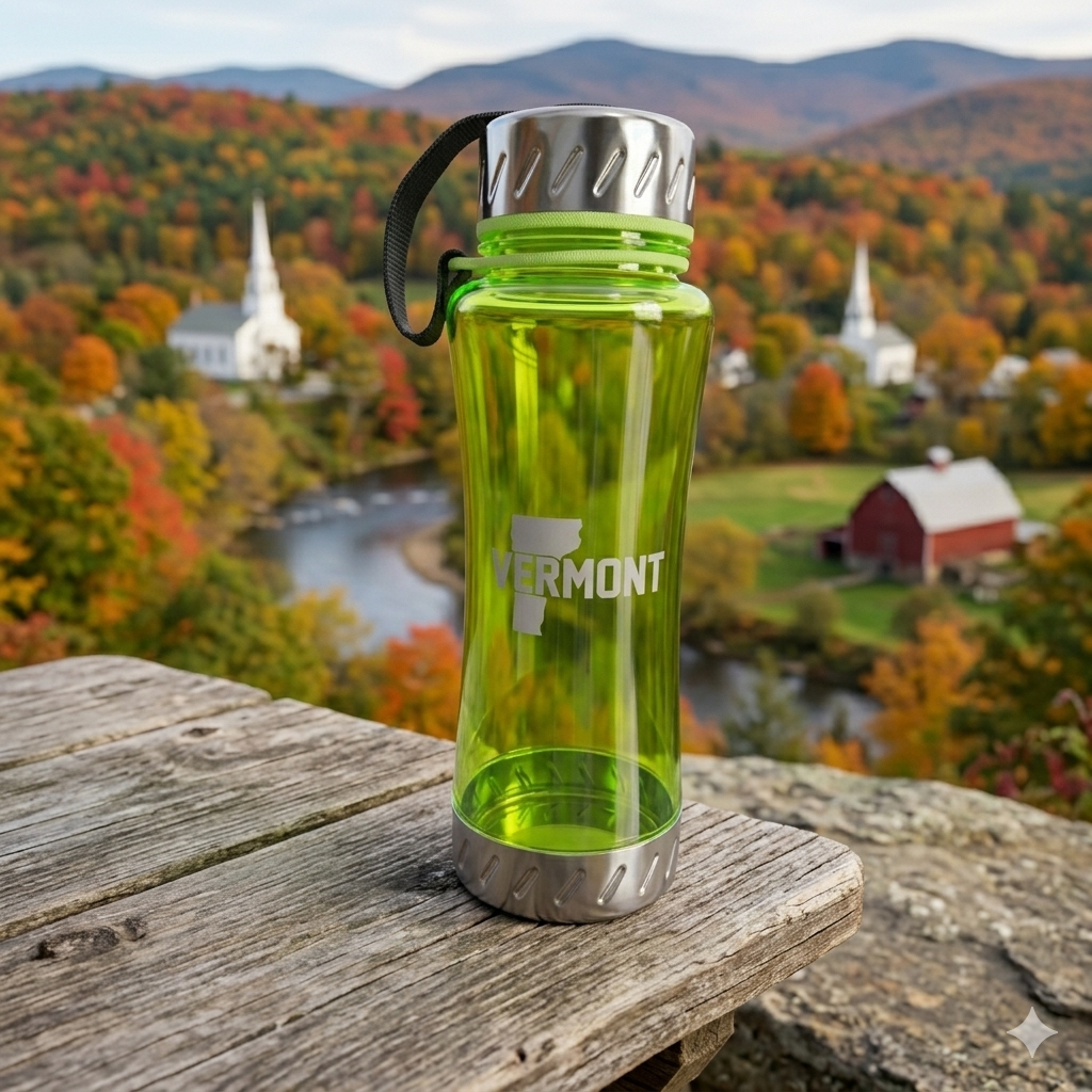 Green water bottle with 'Vermont' logo on a wooden surface with a scenic background of trees in autumn colors and a river.
