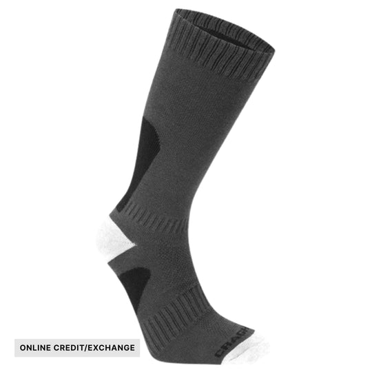 Black crew sock with white toe and heel accents, shown angled on a white background