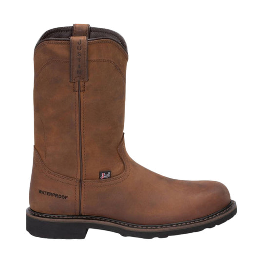 Brown pull-on work boot with black sole, side zipper, and waterproof marking