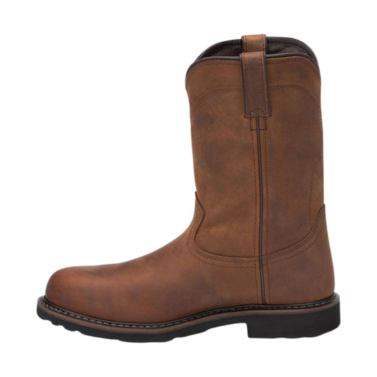 Brown leather pull-on work boot with a square toe, black sole, and top pull tabs
