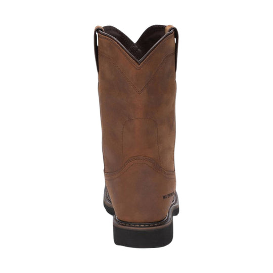 Brown leather cowboy-style work boot shown from the back, with a black outsole and partial Waterproof text near the heel