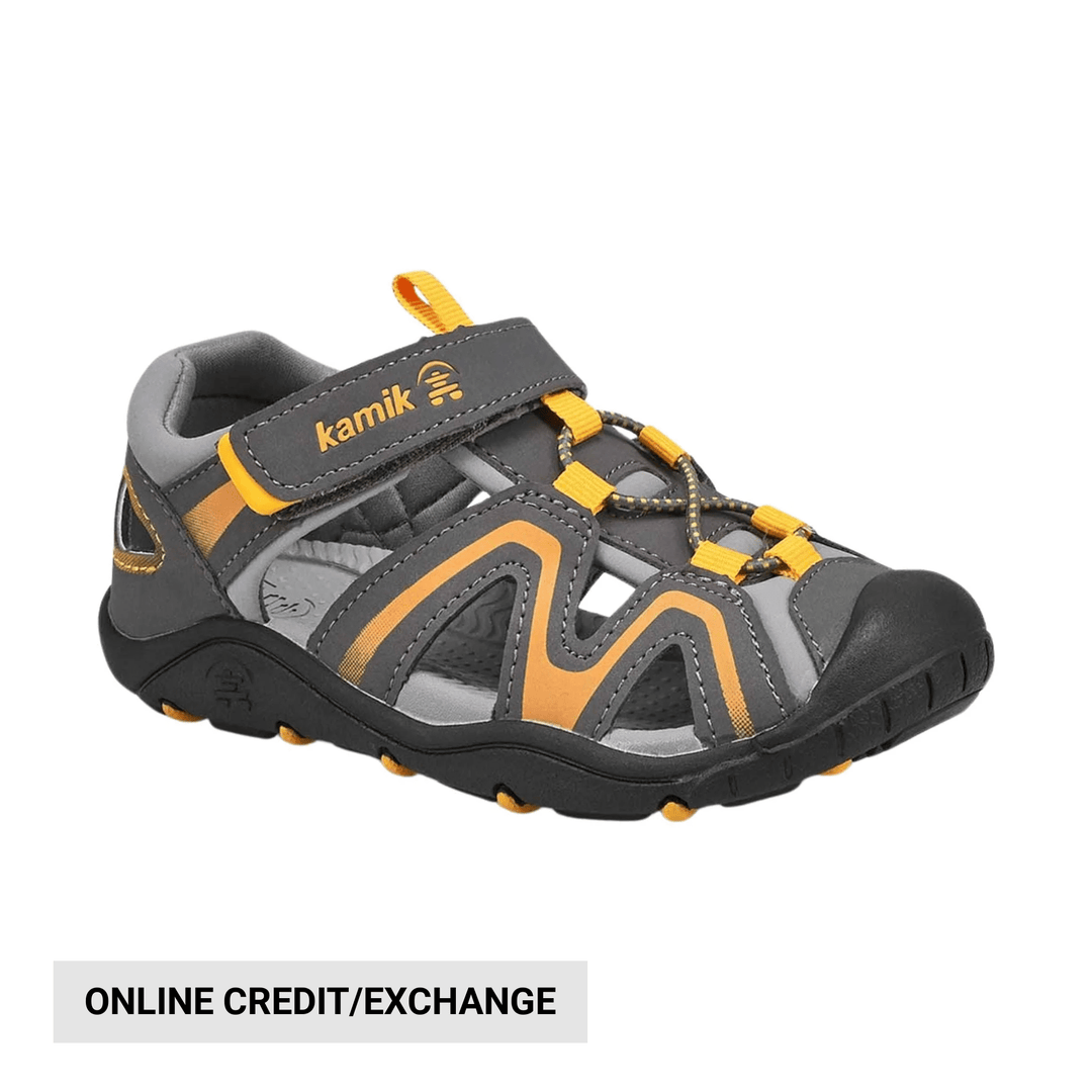 Gray and orange closed-toe kids' sandal with bungee laces and a hook-and-loop strap