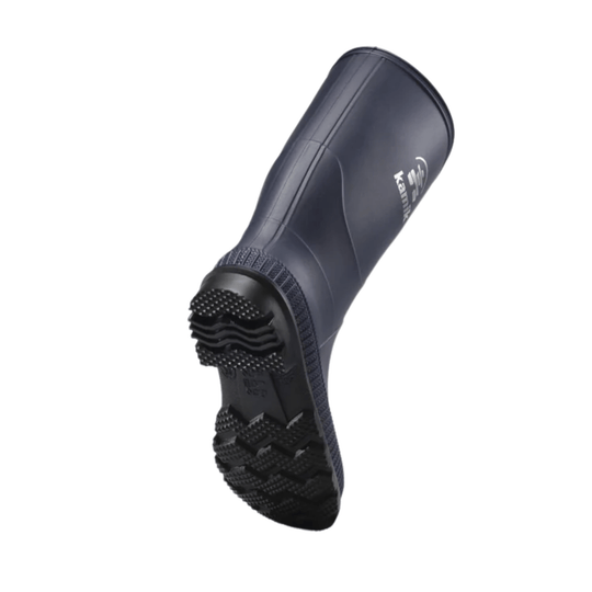 Dark rain boot shown at an angle with a textured black tread sole and pull-on rubber upper.