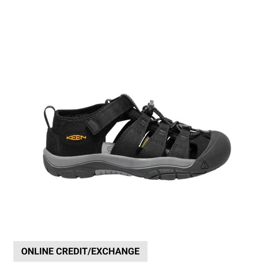 Black closed-toe hiking sandal with adjustable straps, bungee laces, and gray sole