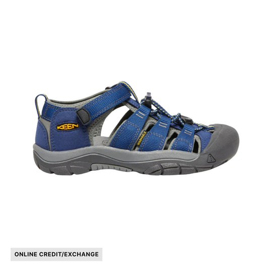 Blue and gray closed-toe hiking sandal with bungee laces and side cutouts