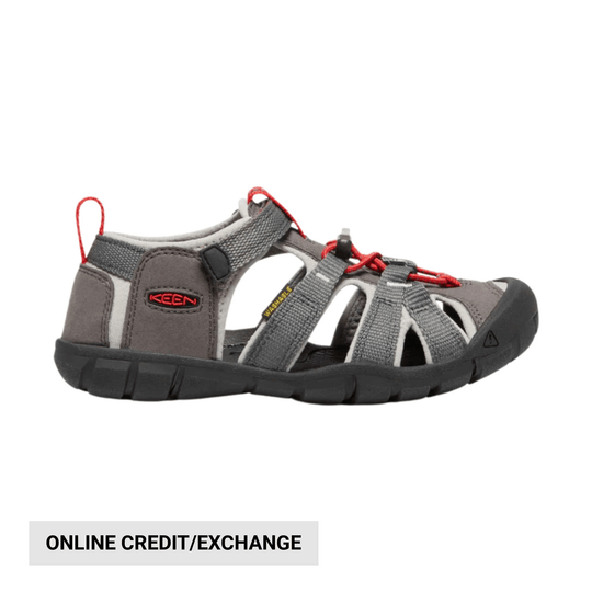 Gray and black closed-toe hiking sandal with red bungee laces, shown in side view