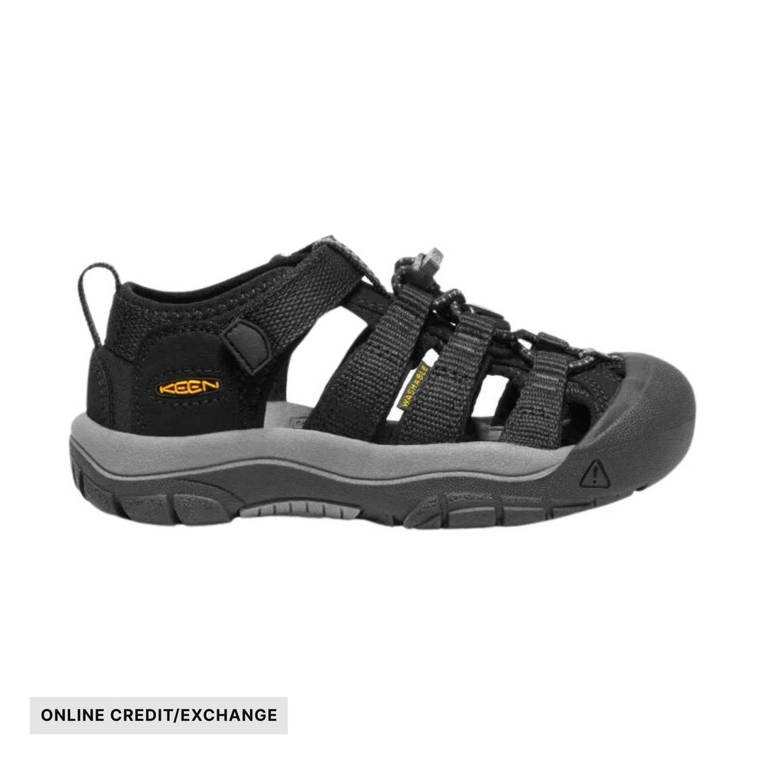 Black closed-toe kids' sandal with bungee laces, side cutouts, and a gray sole