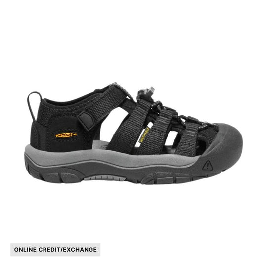 Black closed-toe kids' sandal with bungee laces, side cutouts, and a gray sole