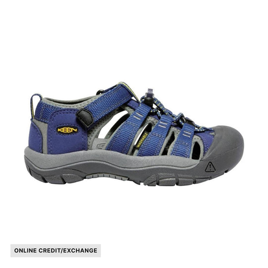 Blue and gray closed-toe kids' sandal with side cutouts, bungee laces, and a gray rubber toe cap