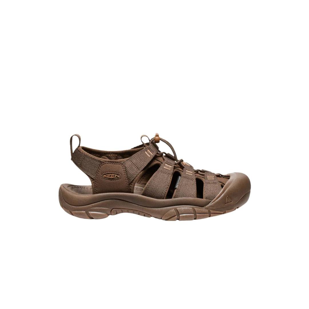 Brown closed-toe hiking sandal with bungee laces, side cutouts, and a rubber sole
