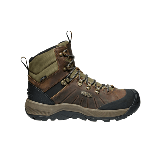 Brown and olive hiking boot with black toe cap, laces, and KEEN logo