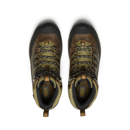 Pair of brown and olive waterproof hiking boots, top view, with black toe caps and bungee laces