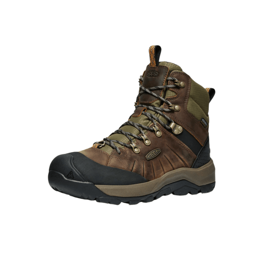 Brown and olive hiking boot with black toe cap, lugged sole, and KEEN logo