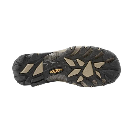 Black hiking boot outsole with tan traction inserts and KEEN logo