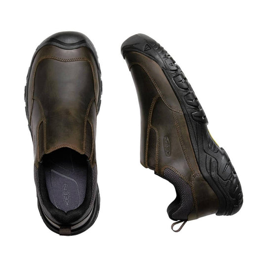 Pair of brown KEEN shoes on a white background