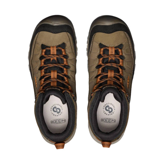 Pair of olive and brown hiking boots with black toe caps, orange laces, and visible insole logos