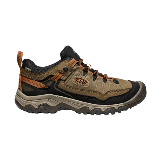 Brown and black hiking shoe with orange laces, side logo, and rugged tread