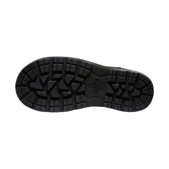 Black rugged boot outsole with deep traction lugs and KEEN logo in the center