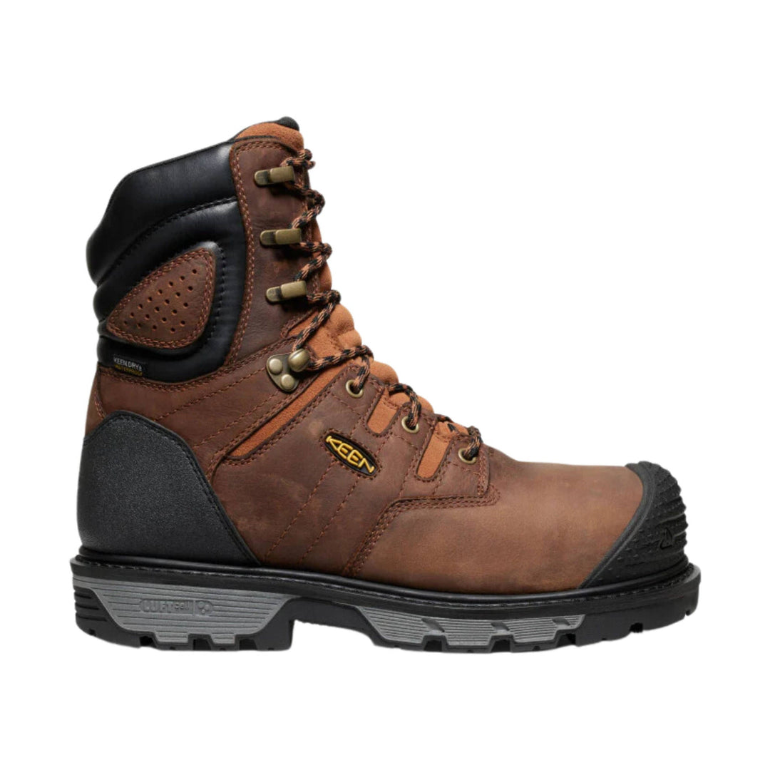 Brown and black lace-up work boot with insulated shaft, metal eyelets, and rubber toe cap