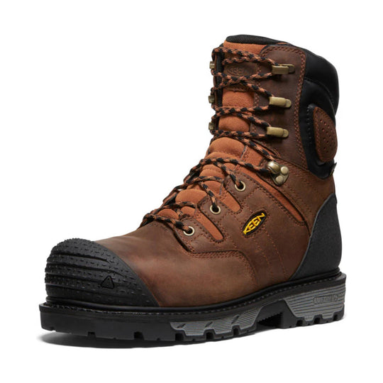 Brown leather work boot with black reinforced toe, lace-up front, and KEEN logo patch