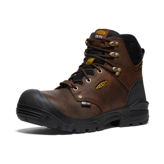 Brown and black lace-up work boot with a protective toe cap and metal eyelets