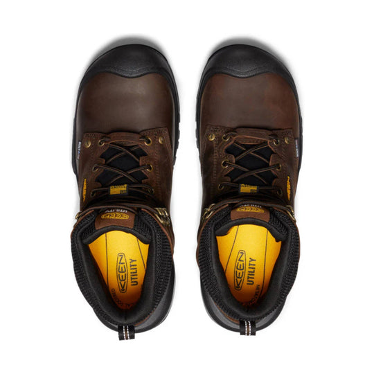 Brown and black insulated work boots with composite toes, laces, and yellow insoles, shown from above