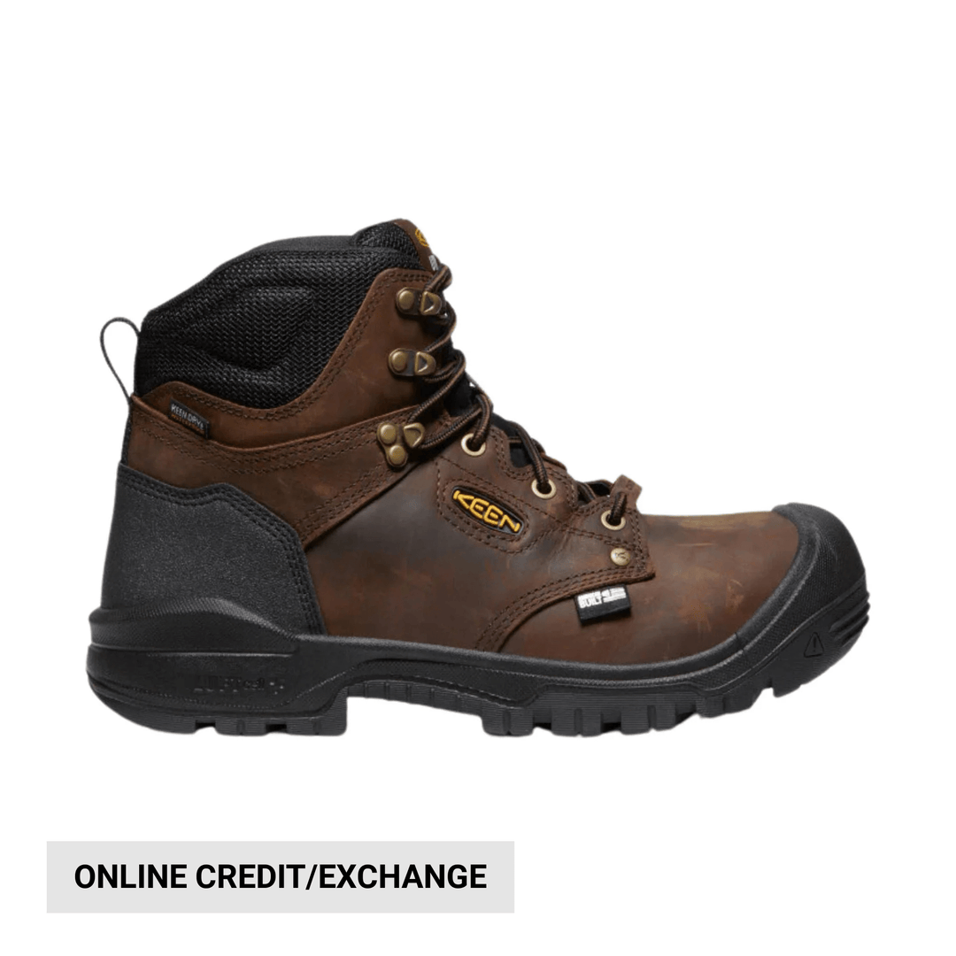 Brown and black insulated work boot with metal eyelets, lace-up closure, and rugged tread