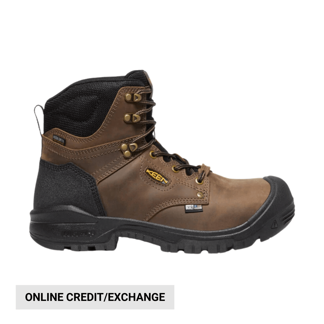 Brown and black lace-up work boot with rubber toe cap and padded collar