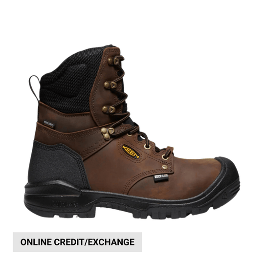 Brown and black insulated work boot with composite toe, lace-up front, and pull loop