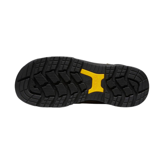 Black work shoe outsole with deep tread and a yellow KEEN insert at the arch