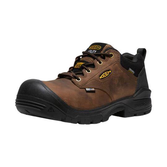 Brown and black composite-toe work shoe with lace-up front and rugged rubber outsole