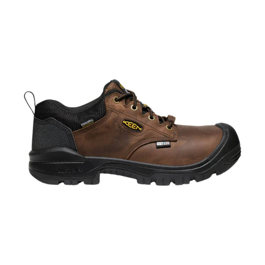 Brown low-cut work shoe with black toe cap, black sole, and KEEN branding