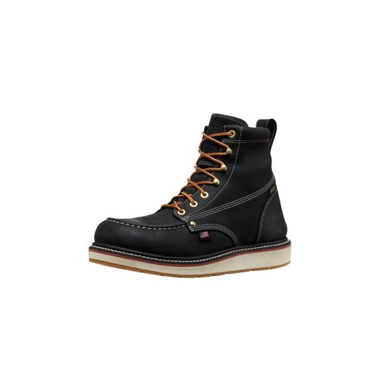 Black lace-up work boot with tan laces, white stitching, and a light-colored sole