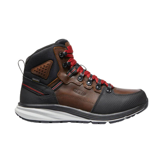 Black and brown mid-height hiking boot with red laces and white cushioned sole