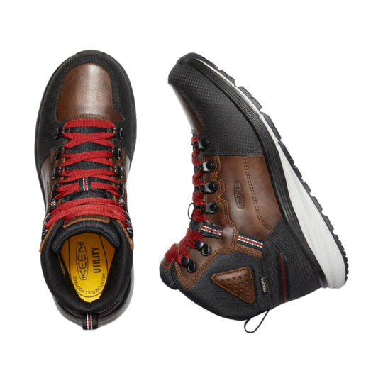 Mid-height hiking boot with red laces, brown leather panels, and black mesh uppers