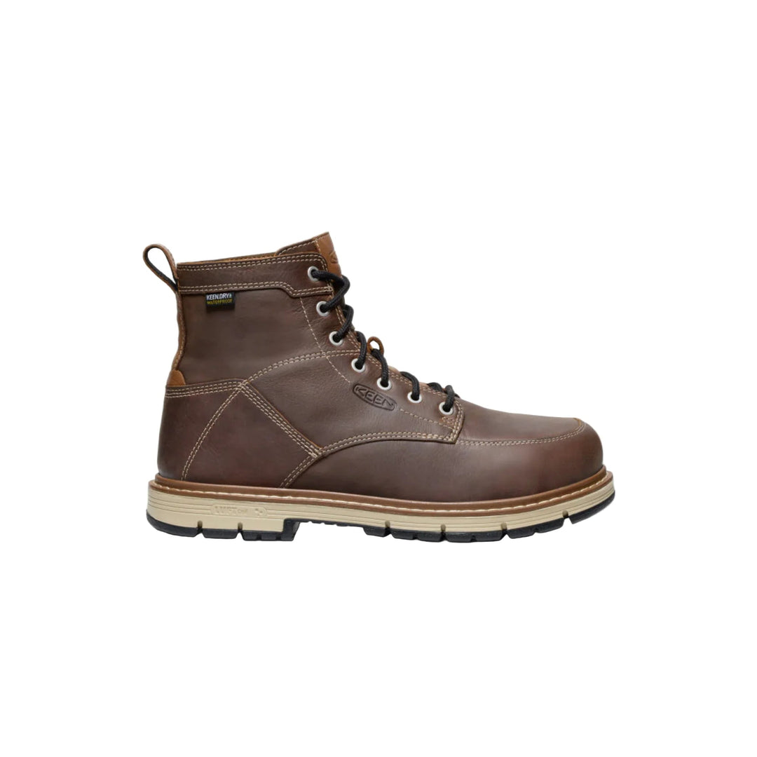 Brown leather lace-up work boot with black laces, a tan sole, and a padded ankle collar