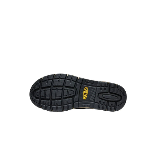 Black work boot outsole with deep tread and yellow KEEN logo