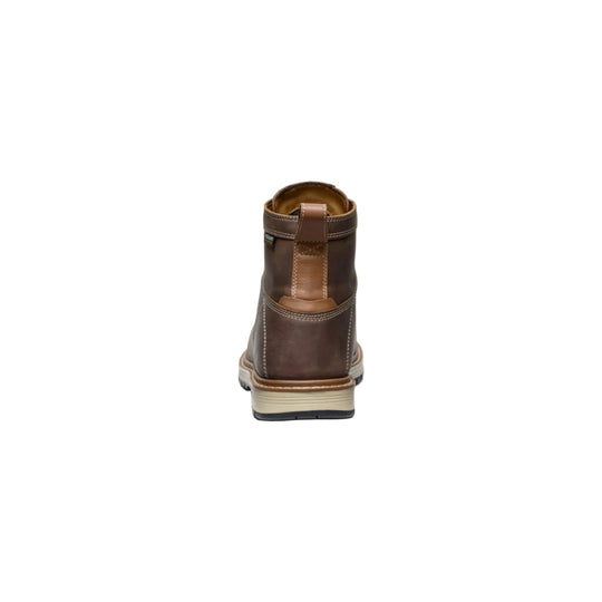 Rear view of a brown leather work boot with a tan heel and white stitching