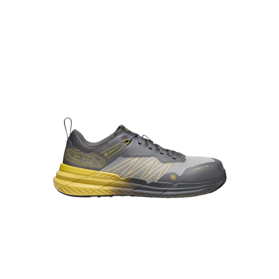 Gray and black work shoe with yellow sole, KEEN side branding, and pull tab