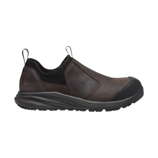 Brown and black slip-on work shoe with elastic side panels, pull loops, and a black rubber toe cap
