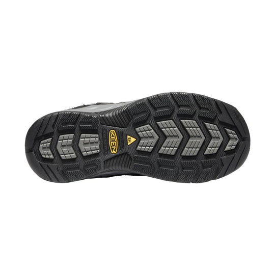 Black work shoe outsole with gray traction lugs and KEEN and EH markings