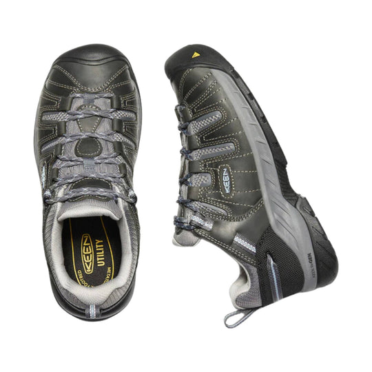 Gray and black KEEN work shoe shown in top and side views with bungee laces and molded toe cap