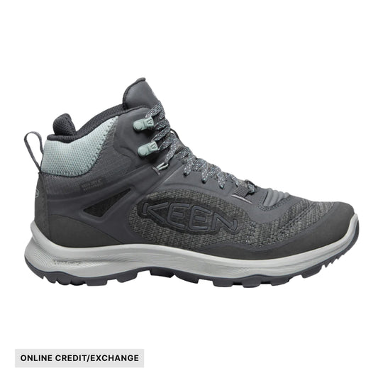 Gray mid-height hiking boot with side logo, bungee laces, and white cushioned sole