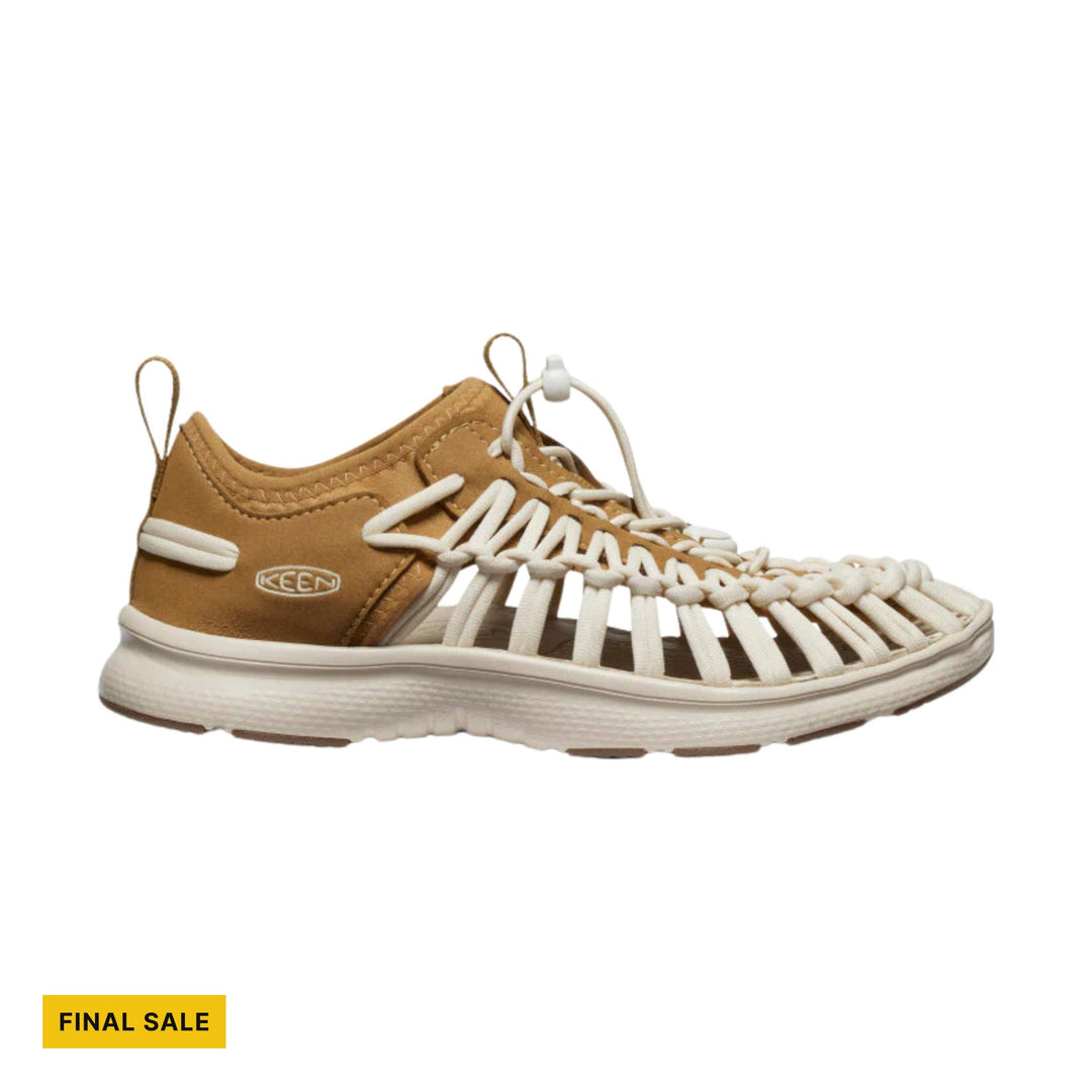 Brown and cream closed-toe hiking sandal with bungee laces and a side logo; FINAL SALE text