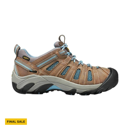 Brown and blue closed-toe hiking shoe with bungee laces and black toe cap