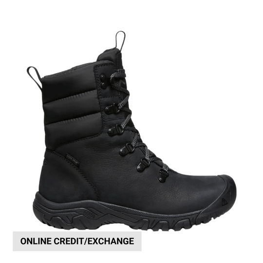 Black winter boot with lace-up front, pull tabs, and treaded sole