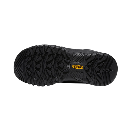 Black boot outsole with deep traction lugs and KEEN logo
