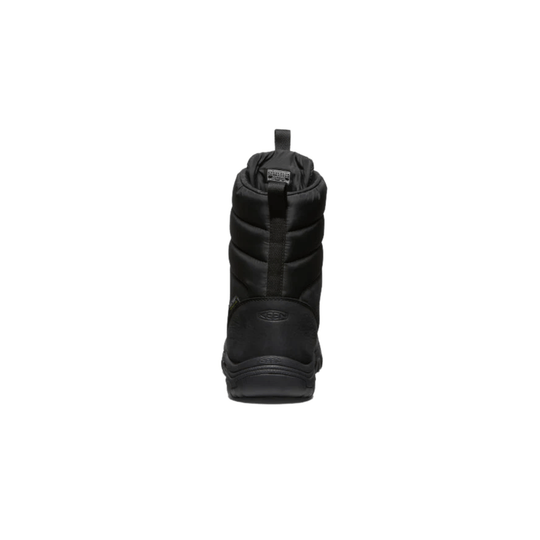 Black insulated winter boot shown from the back