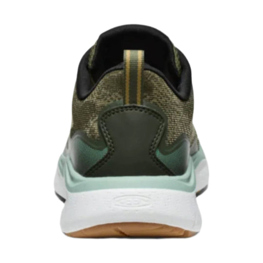 Rear view of an olive and black hiking shoe with a pull tab, white midsole, and gum outsole