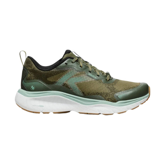 Olive green low-top hiking shoe with white platform sole and gum outsole